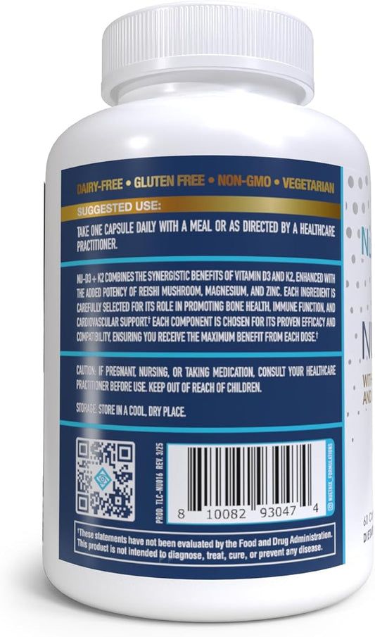 NuEthix Formulations NU-D3 + K2 - Vitamin D3 and K2 5000 iu Supplements - Packed with Reishi Mushroom, Magnesium, & Zinc - 60ct, 60 Servings - Made in USA Products Only