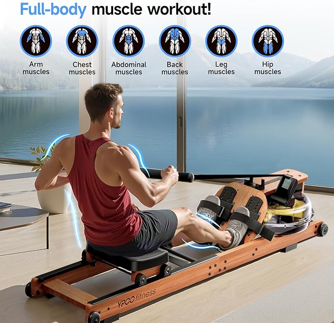 Water Rowing Machine for Home, Foldable Rower Machines with Comfortable Seat and Quick-Folding Design, Wooden Water Rowering with 350LBS Weight Capacity