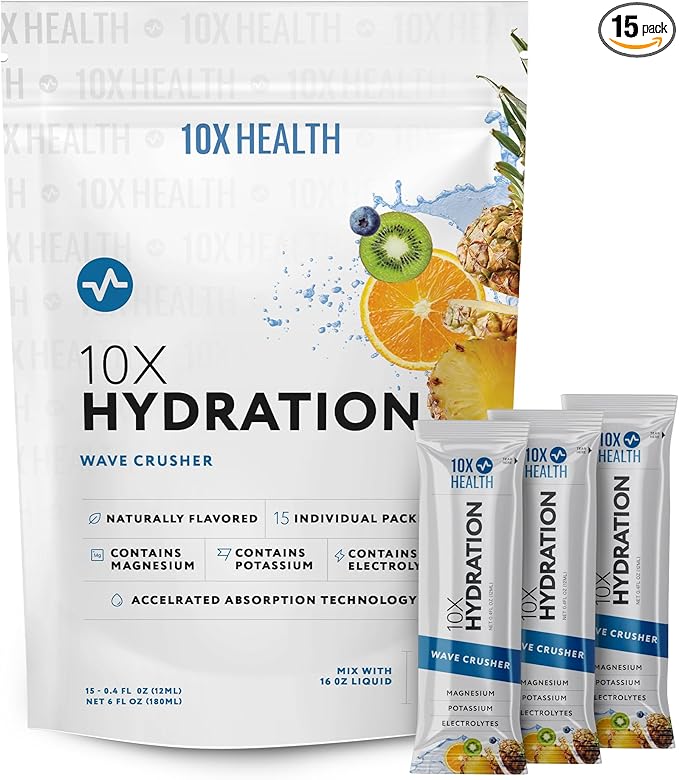10X Health Hydration Packets Wave Crusher Electrolyte Drink Mix Liquid 15 Stickpacks with Magnesium Citrate, Sodium & Potassium - Natural Flavored Electrolyte