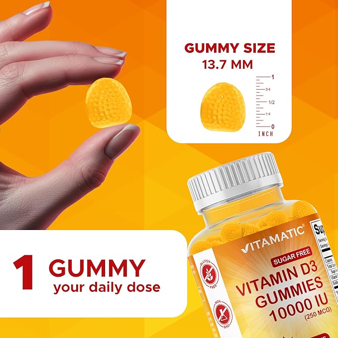 Vitamatic Sugar Free Vitamin D3 10000 IU - 120 Pectin Based Gummies - Great Taste - Healthy Bones, Mood & Immune System Function - Non-GMO - 120 Servings