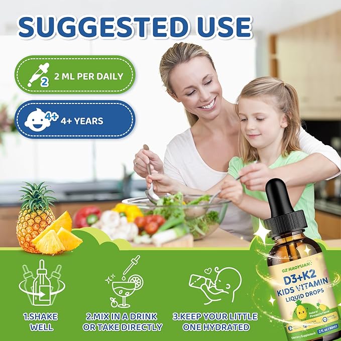 Kids Vitamin D3 K2 Drops, Vitamin D3 K2 (MK-7) Supplement with Calcium for Kids & Adults - Support Healthy Bones & Teeth, Calcium Absorption & Immunity, Sugar Free Pineapple Flavor 2 FL OZ