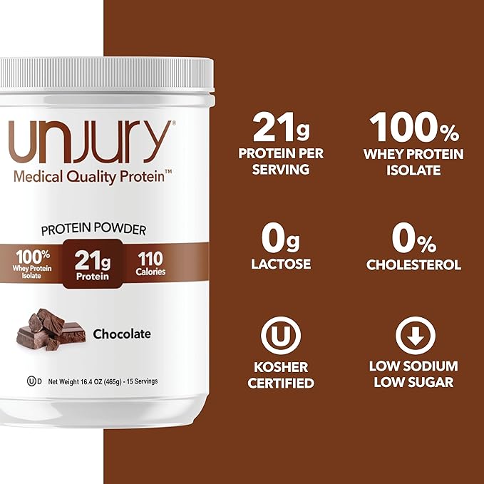 Unjury Whey Protein Powder | Chocolate Protein Powder | 21g 100% Whey Isolate Protein Powder | Low Carb and Lactose Free | Gluten Free Whey Protein Isolate | Certified Kosher | 15 Servings