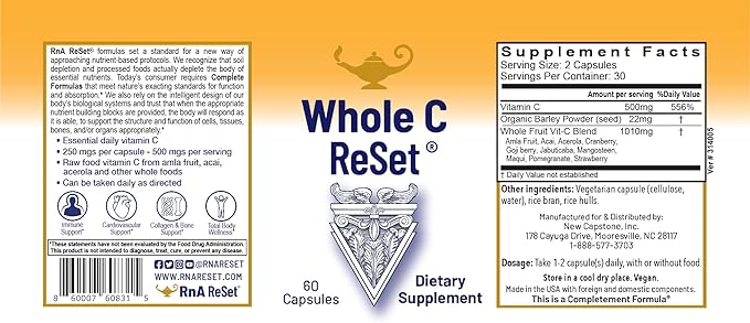 RnA ReSet Whole C Reset – Vita-C Fruit Blend with Bioflavonoids & Polyphenols, Organic Vitamin C Complex, Immune Support (60 Capsules)