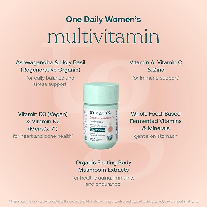 True Grace One Daily Women’s Multivitamin Fermented Minerals, Organic Adaptogens & Mushrooms Whole Body Balance, Immune, Energy, Beauty Support - Non-GMO, Gluten Free, Soy Free - 30 Vegan Tablets