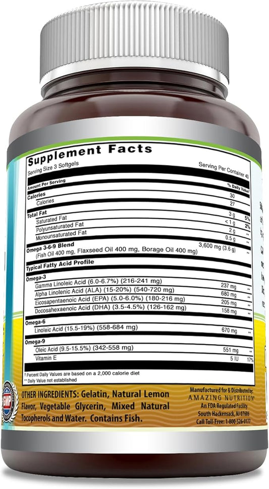 Amazing Omega 3.6.9 Supplement | 1200 Mg Per Serving | 120 Softgels | Lemon Flavor | Non-GMO | Gluten-Free | Made in USA