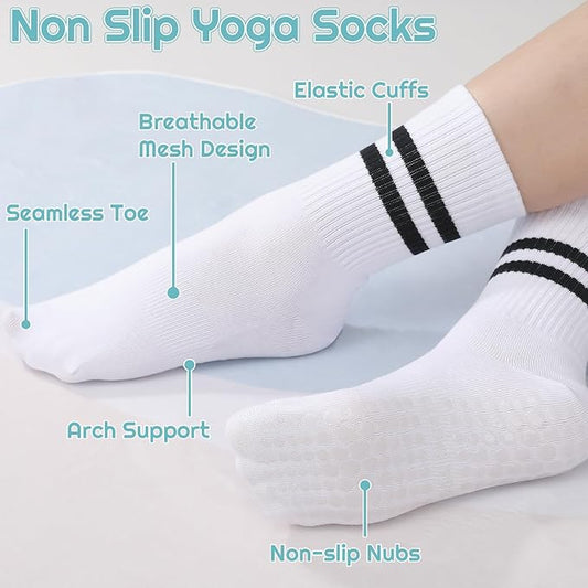 Jspupifip 6 Pairs Grip Pilates Socks Women, Non Slip Yoga Stripe Grippy Crew Breathable Cotton Socks for Ballet Dance