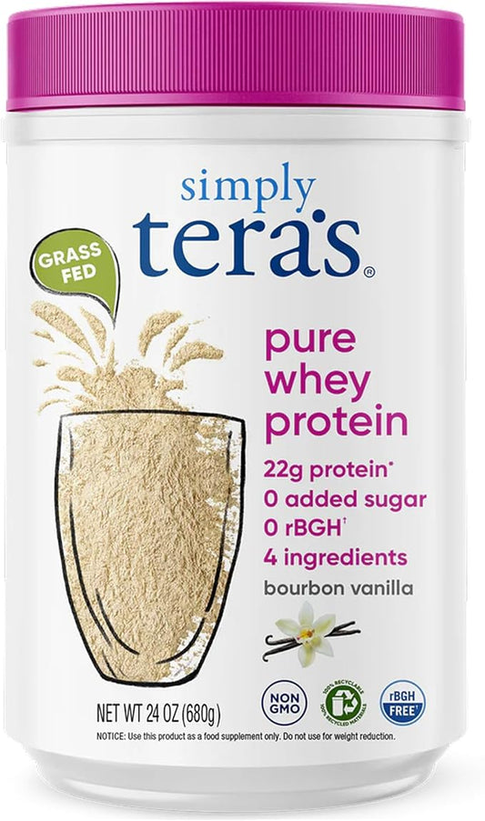 simply tera's Pure Whey Protein Powder - Vanilla Whey Protein Powder, Clean & Grass Fed Protein Powder, No Artificial Sweeteners, Non-GMO, Kosher, rBGH-Free, Soy-Free - Bourbon Vanilla, 24 oz
