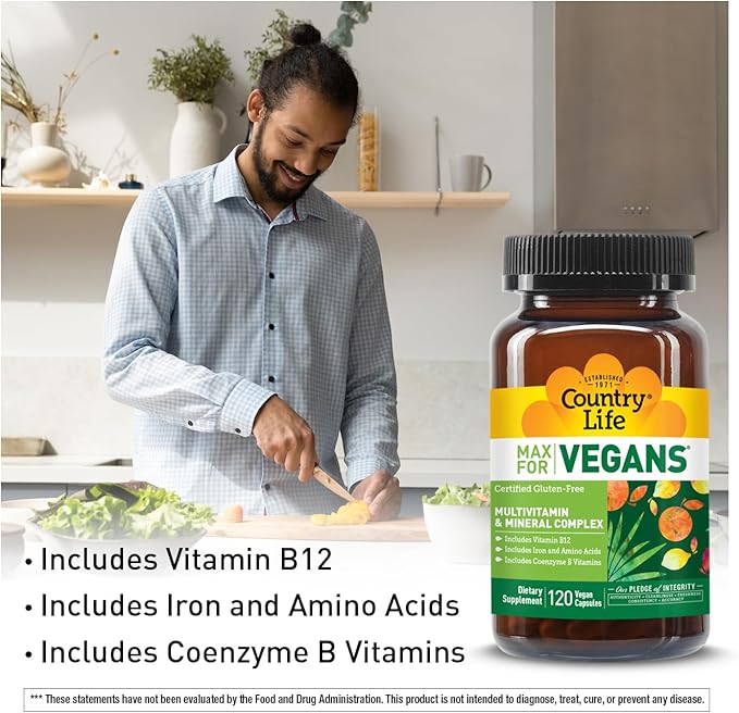 Country Life Max for Vegans - 120 Vegan Capsules - Daily Multivitamins - Immune Support Supplement - Contains Vitamin B12, Iron, Amino Acids, Coenzyme B Vitamins - Gluten-Free