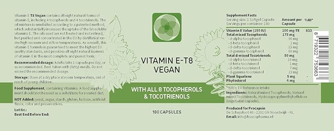 Unique Vegan Formula with All 8 Tocopherols and Tocotrienols Vitamin E – Contains no PAH’s, Heavy Metals, Contaminants or Preservatives - Certified Sustainable - Hair, Scars and Skin (180)