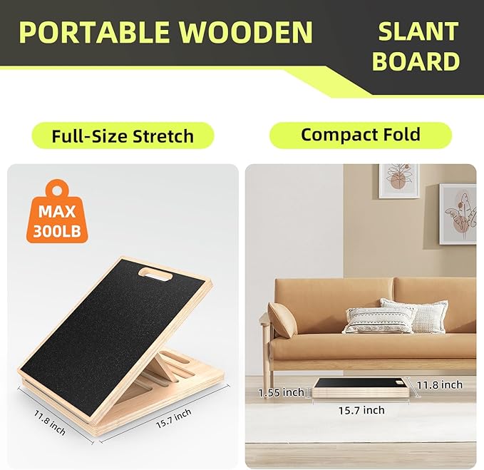 Adjustable Wooden Slant Board for Calf Stretching ,Portable Calf Stretcher Incline Board for Knees Ankle Heel Feet Leg,300lbs Weight Capacity