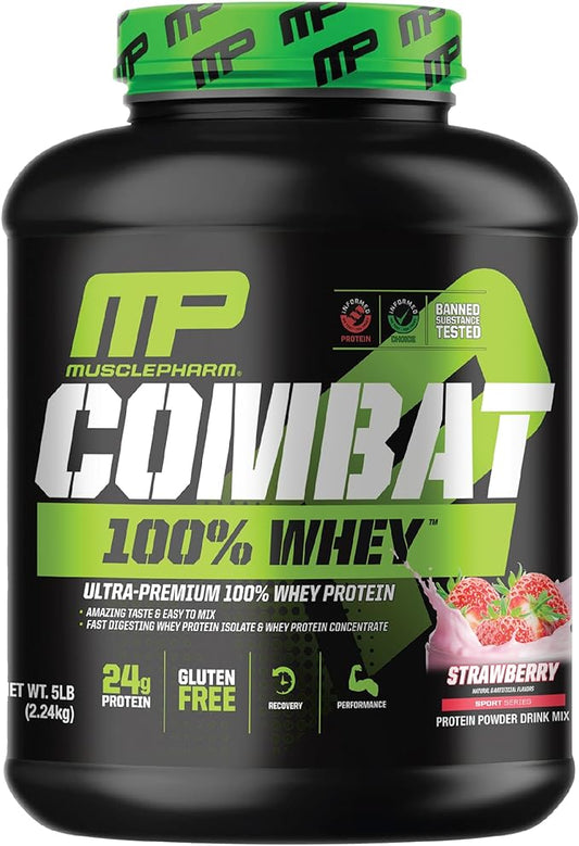 MusclePharm Combat 100% Whey Protein Powder, Strawberry Cream Flavor, Fast Recovery & Muscle Gain with Whey Protein Isolate, High Protein Powder for Women & Men, Gluten Free, 5 lb, 70 Servings