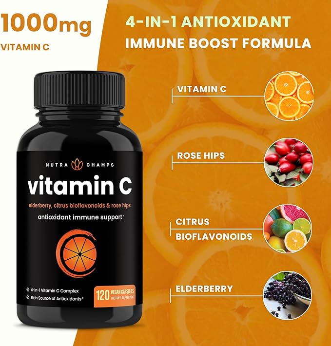 NutraChamps Vitamin C 1000mg with Rose HIPS, Vitamin C Supplement with Elderberry & Citrus Bioflavonoids, Kids Immune Boosting Supplement, 500mg Capsules Pill