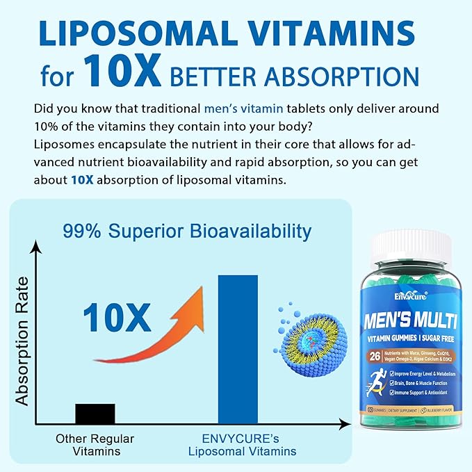 Mens Multivitamins Gummies, Vegan Omega 3, CoQ10, Zinc, Vitamin A C D3 K2 E B Complex, Calcium, Magnesium, Lycopene - Liposomal Methylated Vitamins - Energy, Immune, Bone, Brain, Sugar Free, 60 Count