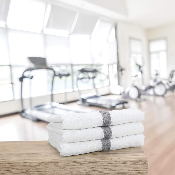 Arkwright White Hand Gym Towels - Pack of 12 - Bulk 100% Cotton Soft Quick Dry Sweat Absorbent Hotel Quality Towels for Workout, Bathroom, Spa, Pool, 16 x 27 in, Grey