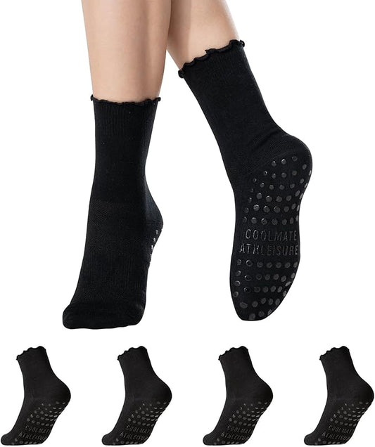CoolMate 2/3/4 Pairs Pilates Socks with Grips for Women, Cute Yoga Socks, Crew Non Slip Women for Barre, Pilates Gifts
