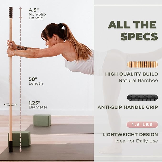 Yoga Stick Made from Natural Bamboo - 5ft Stretching Stick for All Fitness Levels - Stretch Stick with Non-Slip Handles for Mobility, Balance & Physical Therapy - Access 20+ Online Video & PDF Guides