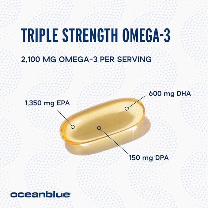 Ocean Blue Omega 3 2100 - Olcenic Blend - 120 Count - 2 Pack - Natural Orange Flavor - No Fishy Aftertaste or Burps - Heart Health - Cholesterol - Eye & Brain Support - Natural Flavor - No Indigestion