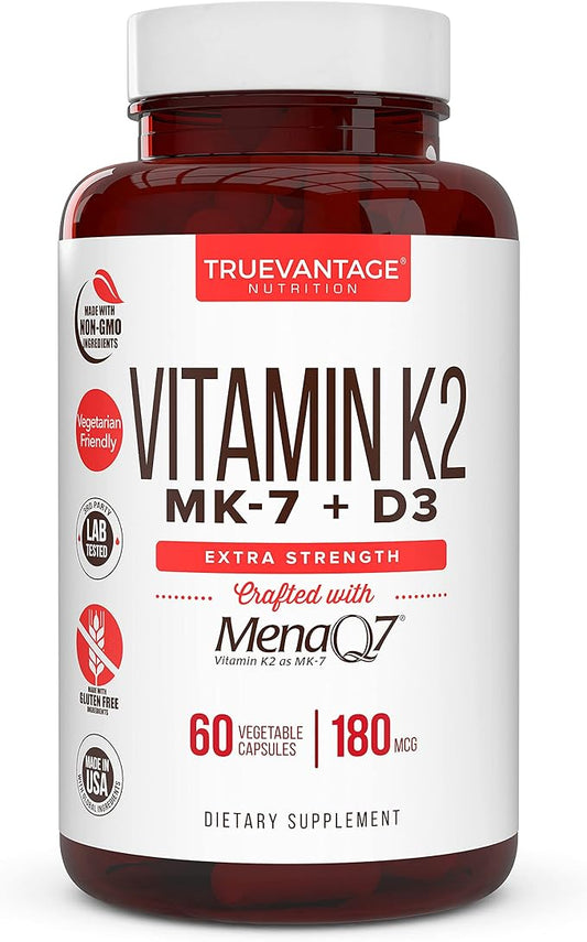 Vitamin K2 D3 Supplement 5000 IU D3 and 180 mcg Vitamin k2 MK7 Supplement for Healthy Bones, Healthy Heart & Cardiovascular Health-60 Easy to Swallow Vegetable caps of MenaQ7 K2 MK7