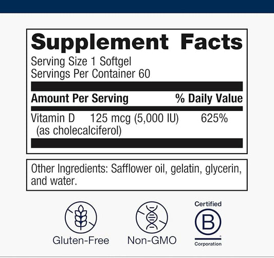 Metagenics Vitamin D3 5000 IU Supplement - High Potency Softgels for Comprehensive Immune, Bone & Heart Health Support* - 2-Month Supply - Non-GMO & Gluten-Free - 60 Count