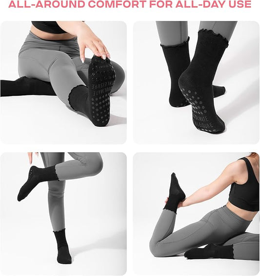 CoolMate 2/3/4 Pairs Pilates Socks with Grips for Women, Cute Yoga Socks, Crew Non Slip Women for Barre, Pilates Gifts