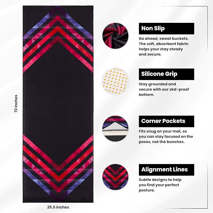 Yoga Grip Yoga Towel - Non Slip Hot Yoga Mat Towel With Corner Pockets, No-Skid Grip, and Built-in Alignment Lines | Soft, Moisture Wicking, and Sweat Absorbent | No Bunching, Stays in Place 72" x 25"