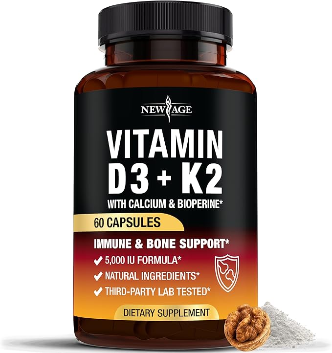 Vitamin D3 5,000 IU + K2 MK-7 100 mcg - 2-in-1 Bone, Immune & Heart Support, Easy to Swallow, Non-GMO - 60 Capsules