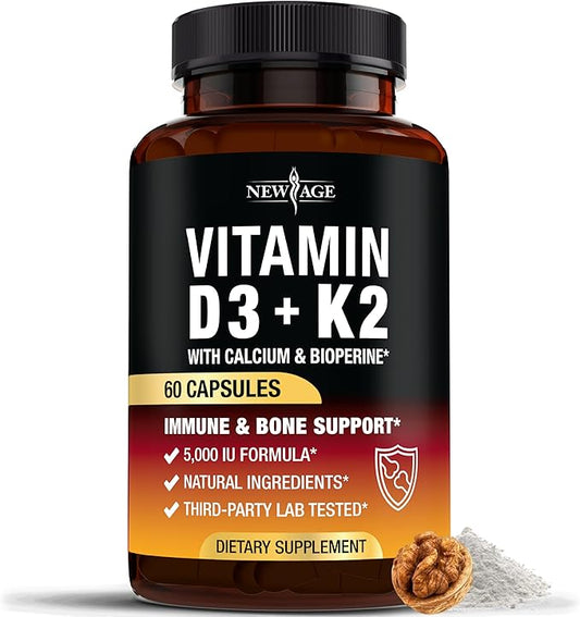 Vitamin D3 5,000 IU + K2 MK-7 100 mcg - 2-in-1 Bone, Immune & Heart Support, Easy to Swallow, Non-GMO - 60 Capsules