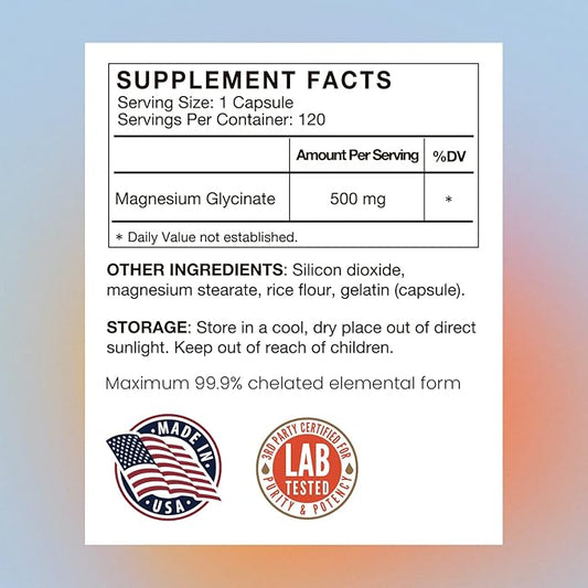 VHC Magnesium Glycinate 500mg Supplement Capsules, High Absorption- Gentle Form,Highly Purified Magnesium Mineral Supplements for Women & Men, 120 Caps, Made in USA