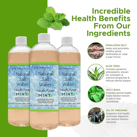 3 Pack Natural Saltwater Mouth Rinse | Himalayan Pink Salt Water Oral Rinse | Organic Refreshing Mint Flavor Fluoride & Alcohol Free Mouthwash for Fresh Breath | Natural Gum Care Mouthwash-16 FL Oz