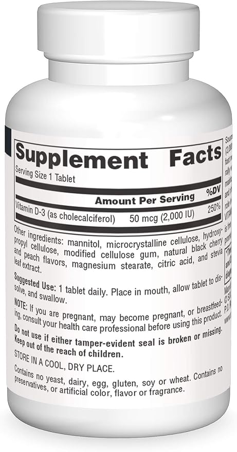 Source Naturals Vitamin D-3 2000 iu Supports Bone & Immune Health - Black Cherry Peach Flavor - 60 Fast Melt Tablets