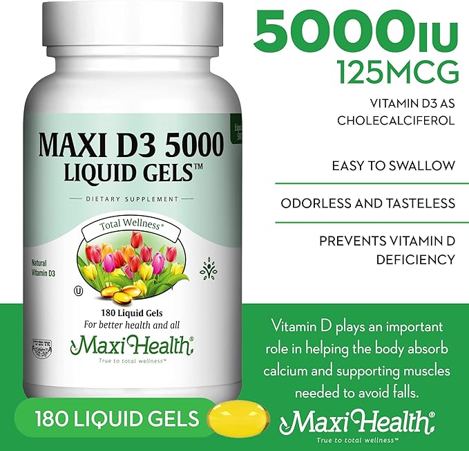 Maxi Health D3 5000 Liquid Gels - Natural Vitamin D3 - Nutrition Supplement - 180 Capsules - Kosher