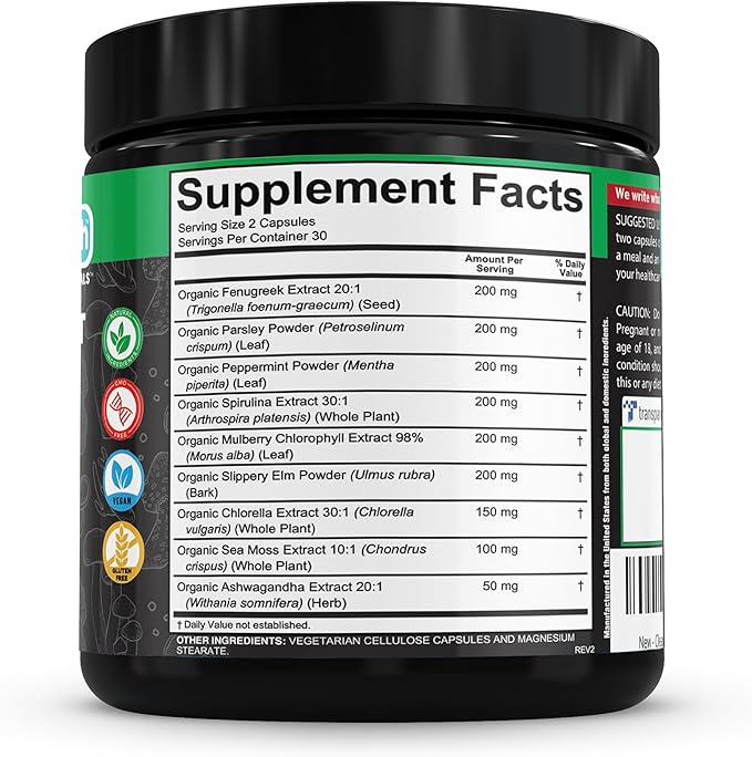 Clean Nutra Chlorophyll Capsules Supplement Internal Deodorant Peppermint, Sea Moss, Parsley, Chlorella, Spirulina, Slippery Elm, Ashwagandha, PhytoFresh Greens Detox Pills