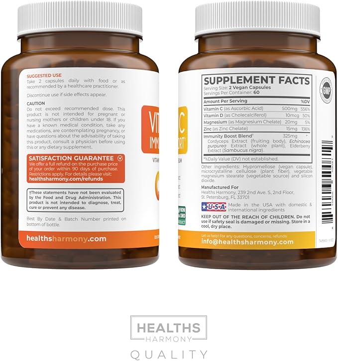 Vitamin C Immune Support Supplement - Immune Boost Blend with Elderberry Vitamin C and Zinc for Daily & Seasonal Support - Magnesium Zinc VIT C & D and Herbal Defense Complex (2 Months Supply)