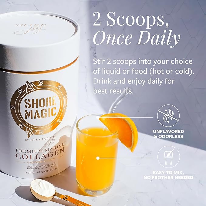 Shore Magic Premium Marine Collagen Powder Types I-IV | Wild Fish-Sourced, Hydrolyzed, Unflavored & Odorless | 9g Protein Per Serving – Supports Skin, Hair, Nails, Joints & Bones | 4-Month Supply