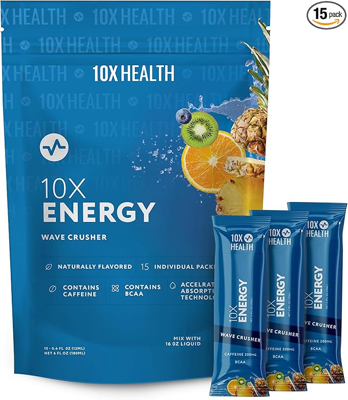 10X Health - Energy Wave Crusher - Energy Drink with 200mg Caffeine, BCAAs, B Vitamins, Accelerated Absorption - Tropical Punch Pre-Workout Drink - 15 Drink Mix Packets (Wave Crusher - Energy)