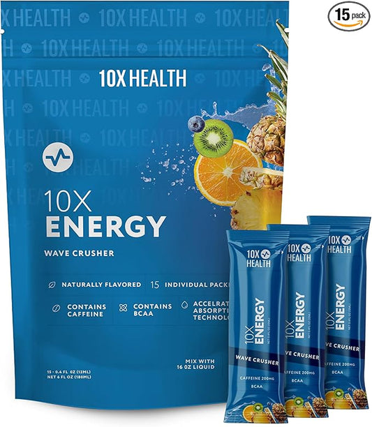 10X Health - Energy Wave Crusher - Energy Drink with 200mg Caffeine, BCAAs, B Vitamins, Accelerated Absorption - Tropical Punch Pre-Workout Drink - 15 Drink Mix Packets (Wave Crusher - Energy)