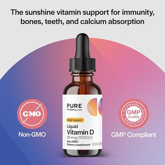 PureFormulas Liquid Vitamin D 25 mcg (1,000 IU) - Vitamin D3 Drops Essential Daily Support for Health and Wellness for Adults and Kids - Non GMO Vegetarian - 0.75 fl oz