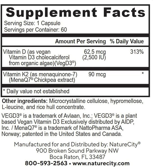 NatureCity TrueK2D3 Plant Based Vitamin K2 MK7 (90 mcg) & D3 from Algae(2,500 IU) 2 in 1 Vitamin D3 K2 Supplement for Bone, Heart and Immune Health – 60 Veggie Capsules