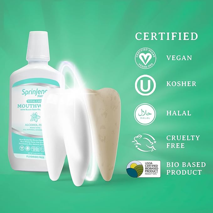 SprinJene Fluoride Free Mouthwash, Alcohol Free for Fresh Breath Gum Health Dry Mouth Whitening Teeth w/Black Seed Oil, Zinc, Xylitol - All Natural Vegan Gluten Free Kosher Halal SLS Free & Non Toxic