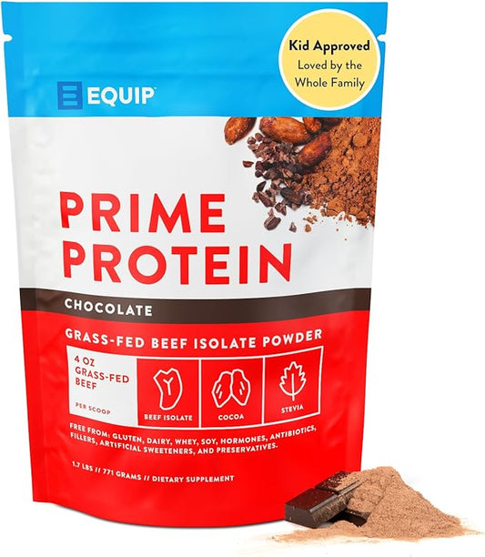 Equip Foods Prime Protein Powder | Clean, Grass Fed Beef Protein Powder | Carnivore Protein Isolate | Paleo, Keto Friendly | Gluten & Dairy Free | Helps Build & Repair Tissue | 30 Servings, Chocolate