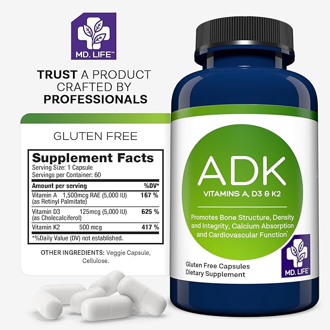 MD.LIFE ADK Vitamin Supplement – Vitamin D3 K2 and A Complex – 60 Capsules – High Potency Vitamin ADK for Bone and Heart Health Support