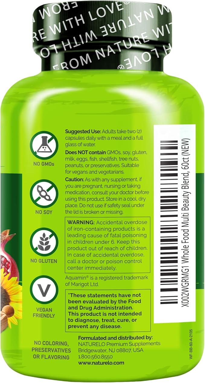 NATURELO Whole Food Multivitamin with Extra Hair, Skin & Nails Support - Beauty Blend with Hyaluronic Acid & Grape Seed - High Potency Biotin, Vitamin C, & Glutathione, 60 Vegan Capsules (Pack of 2)