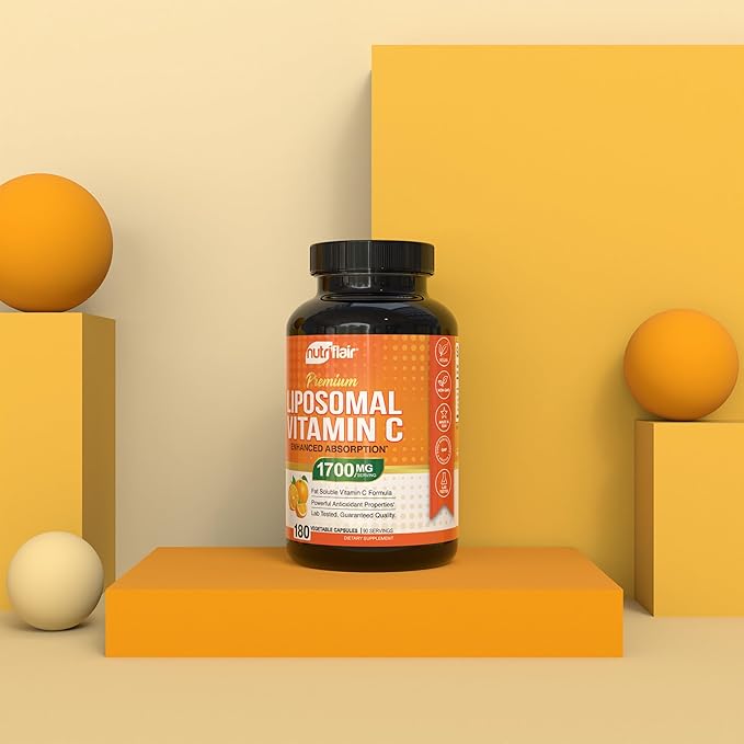 NutriFlair Liposomal Vitamin C 1700mg, 180 Capsules - High Absorption, Fat Soluble VIT C, Higher Bioavailability Immune System Support & Collagen Booster, Non-GMO, Vegan Pills