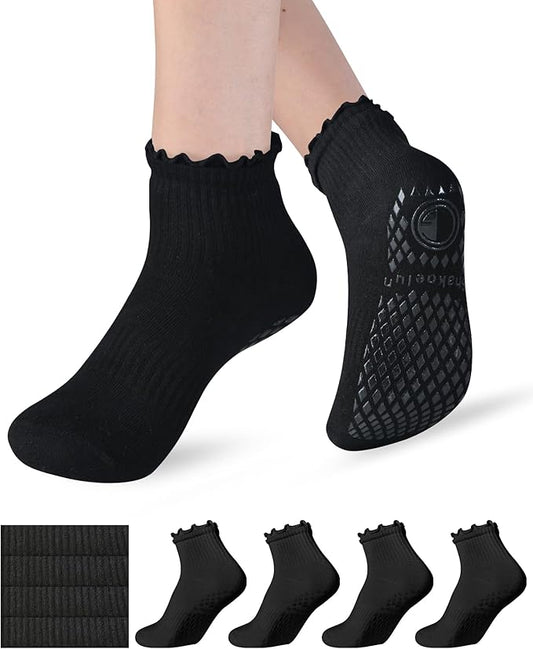 Non Slip Grip Yoga Socks for Women Breathable Cute Ruffle Ankle Socks for Yoga, Pilates, Barre Workouts