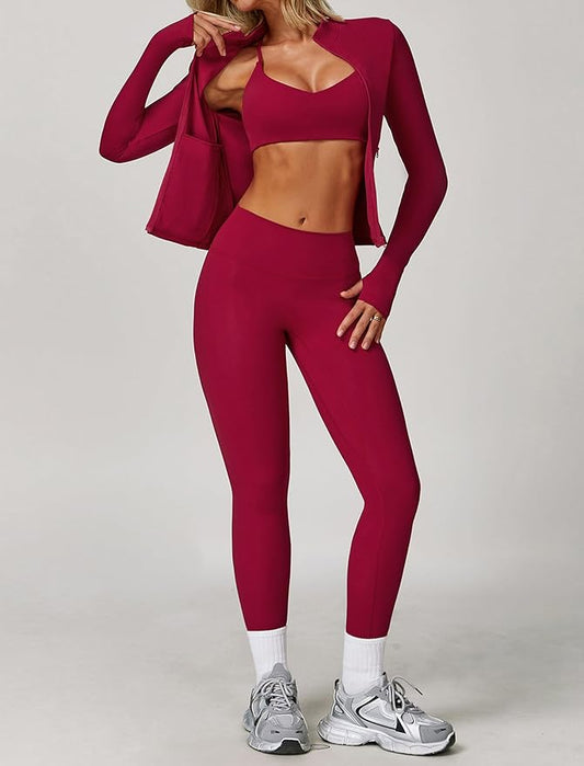 Workout Sets for Women 3 Piece High Waisted Seamless Leggings Crop Top Jacket Gym Yoga Outfit Stretchy Sports Bra Sets