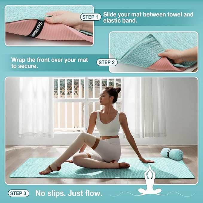 2 Pack Hot Yoga Towel, Yoga Mat Towels Non Slip for Hot Yoga with Strap, Microfiber Yoga Accessories, Soft Absorbent Quick Dry, Pilates Exercise Fitness 24" X 72"Blue Green