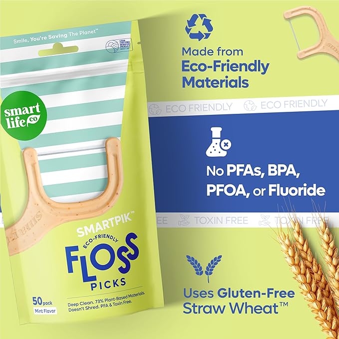 SmartLifeco Eco-Friendly Dental Floss Picks (300ct) - The Original Straw Wheat Flossers, Superior Anti-Shred Thread for Tight Gaps, Zero Waste Tooth Pick for Adults, Soft on Gum & Teeth, Vegan, Mint