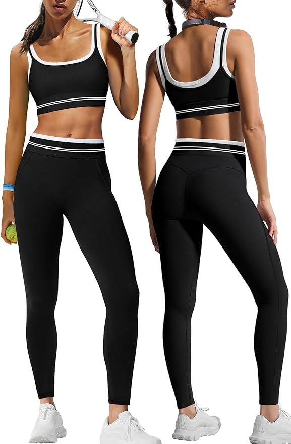 Panadila Womens Yoga Set 2 Piece Outfits Striped Workout Set Gym Matching Sports Bra and High Waist Leggings Activewear
