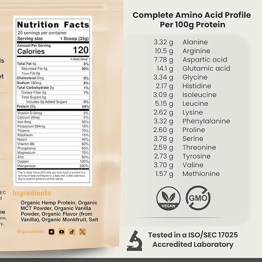 Organic Hemp Protein Powder, Plant Based and Vegan Protein Shake, Lactose and Dairy Free, Gluten Free, Clean and Natural- Vanilla (20 Servings)