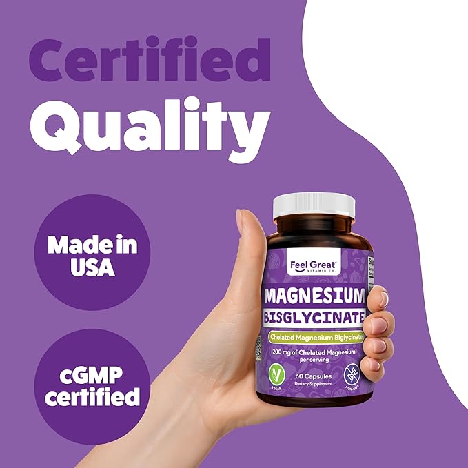 Feel Great Magnesium Bisglycinate – High Absorption, Buffered & Chelated Magnesium for Muscle, Bone & Joint Support – 60 Easy-to-Swallow Vegan Capsules